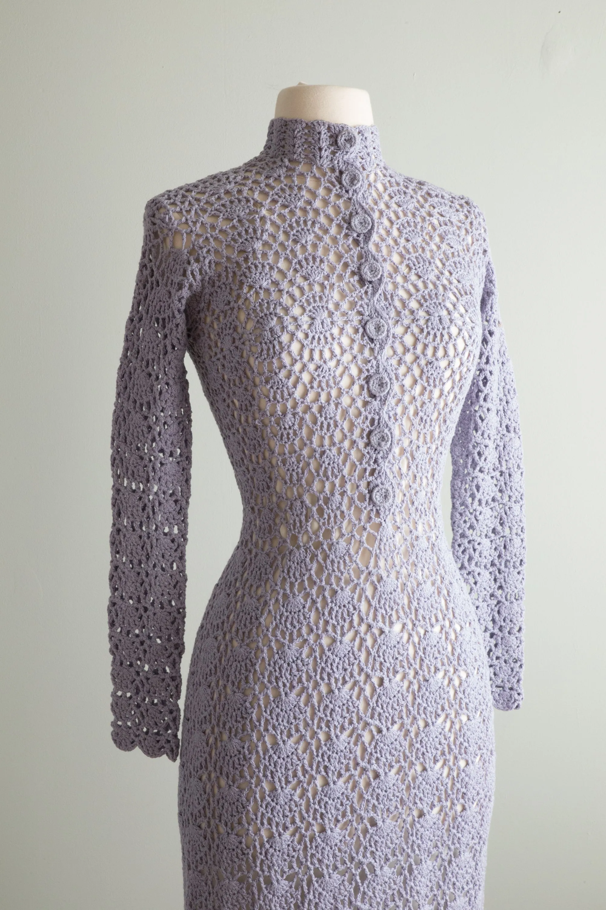 1970's Mystical Periwinkle Crochet Maxi Dress With Scalloped Edges and Buttons / OS
