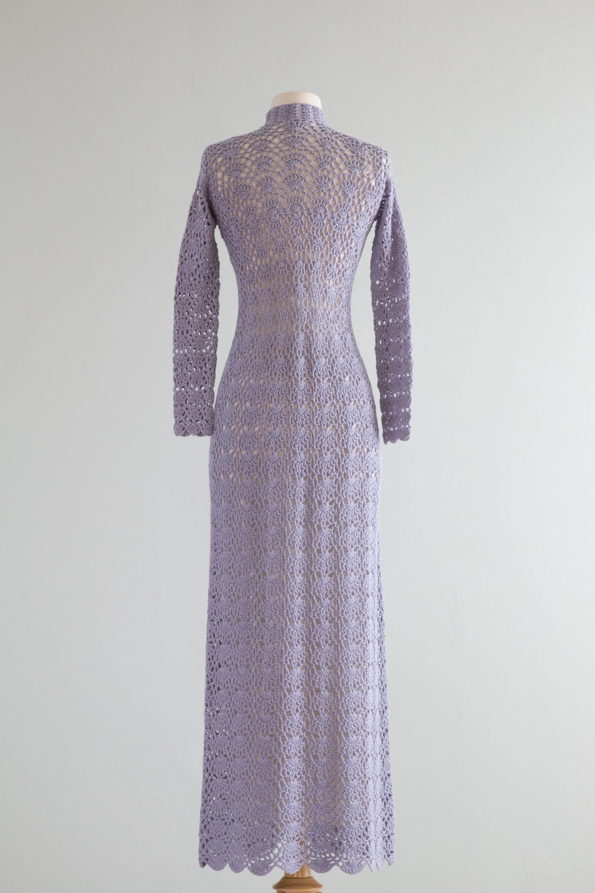 1970's Mystical Periwinkle Crochet Maxi Dress With Scalloped Edges and Buttons / OS