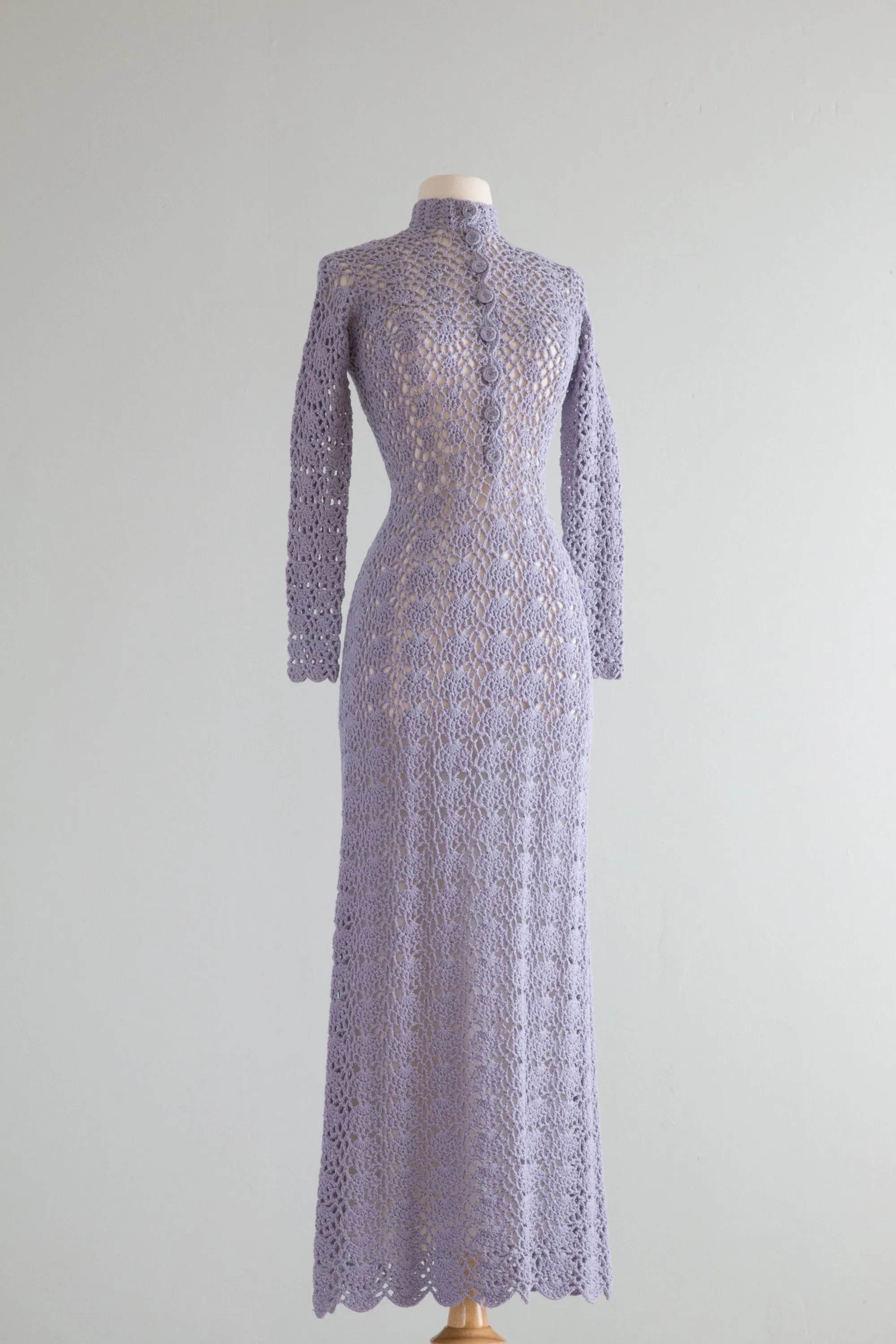1970's Mystical Periwinkle Crochet Maxi Dress With Scalloped Edges and Buttons / OS
