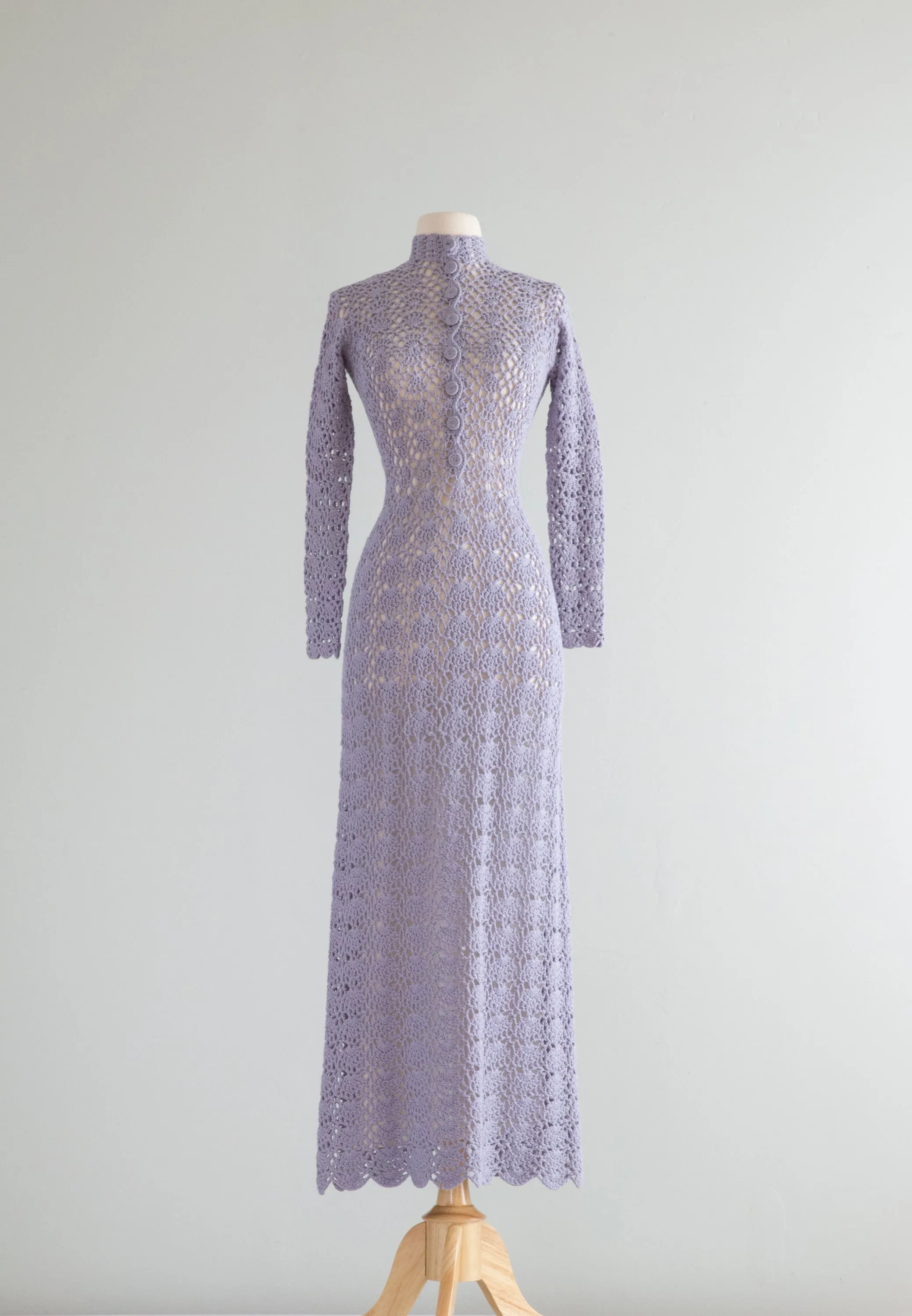 1970's Mystical Periwinkle Crochet Maxi Dress With Scalloped Edges and Buttons / OS