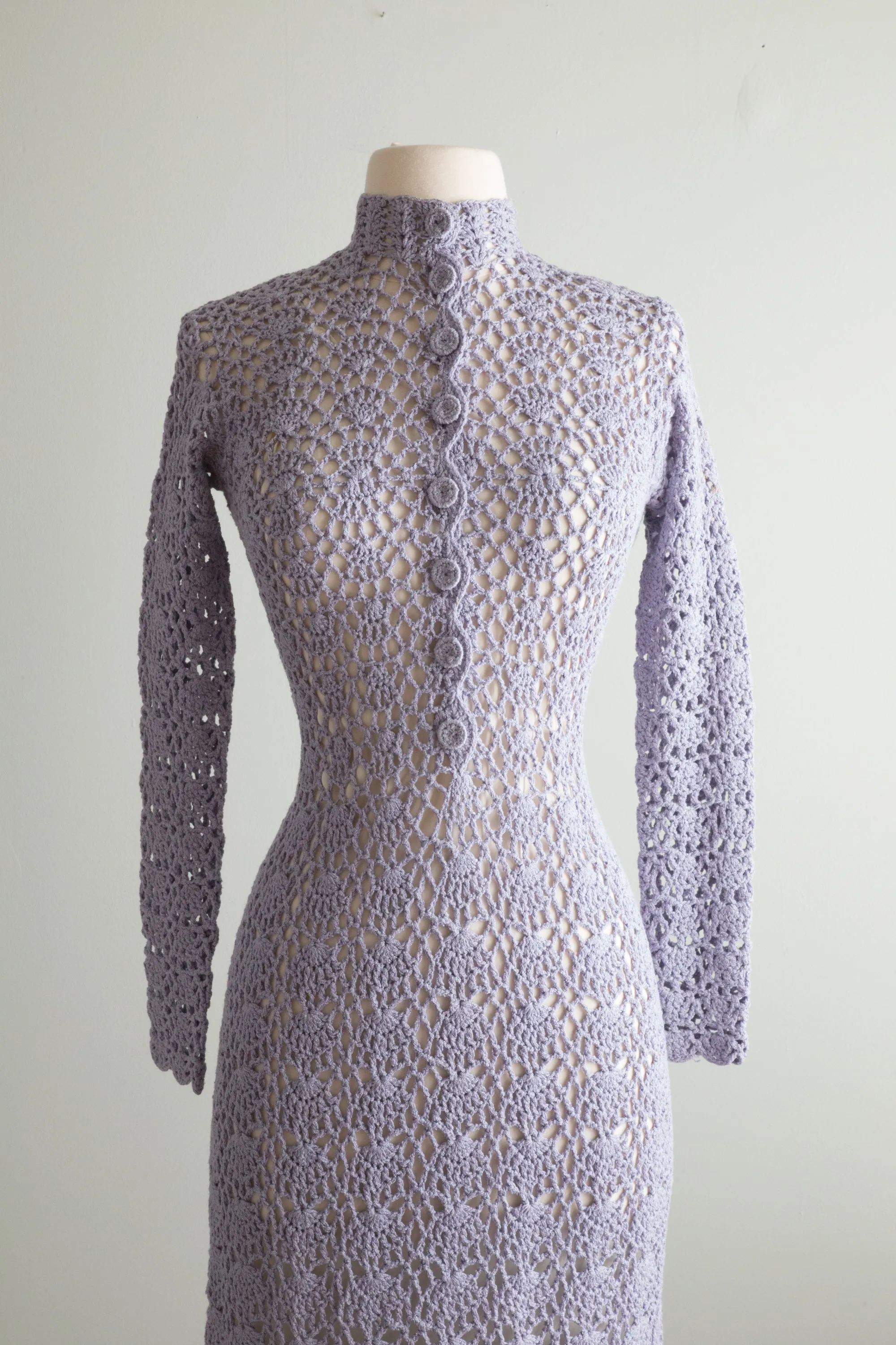 1970's Mystical Periwinkle Crochet Maxi Dress With Scalloped Edges and Buttons / OS