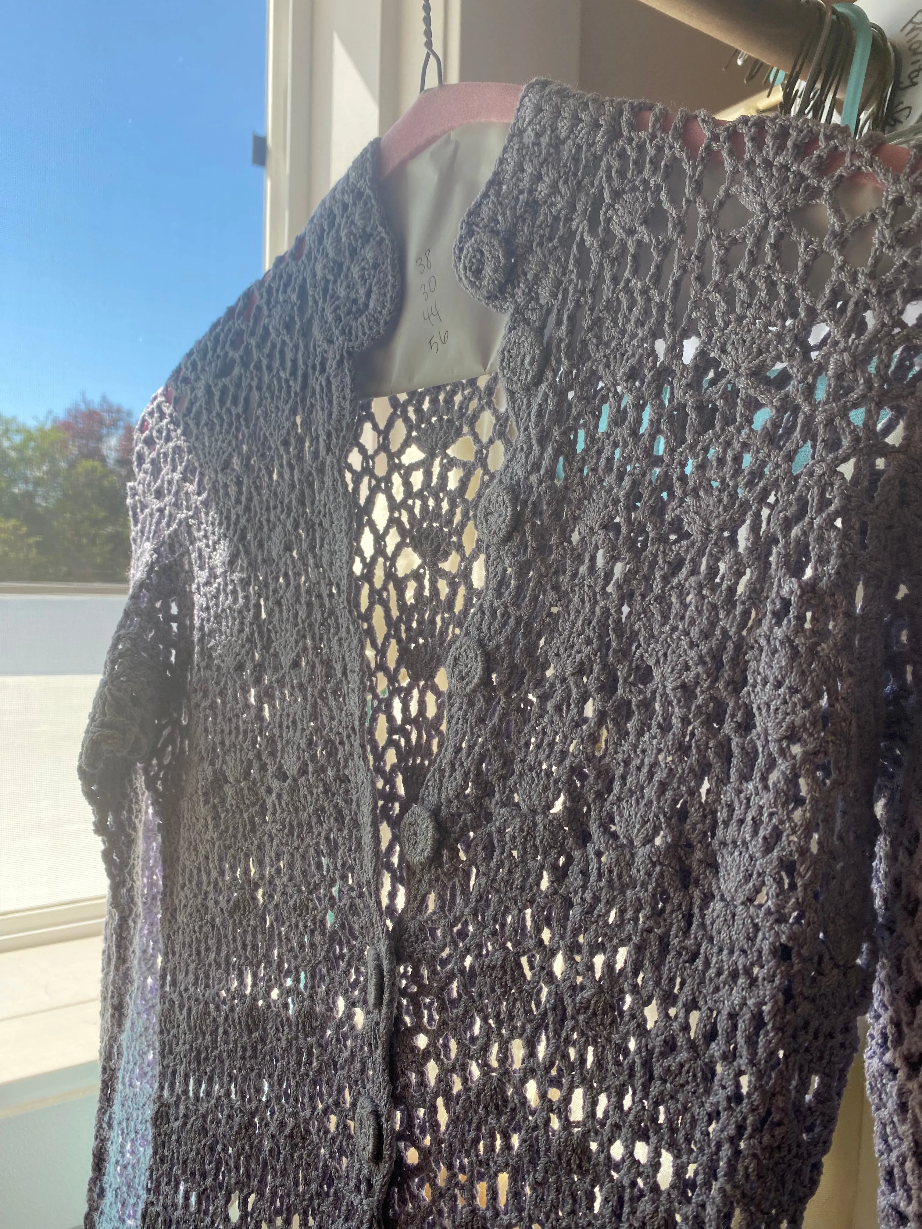1970's Mystical Periwinkle Crochet Maxi Dress With Scalloped Edges and Buttons / OS
