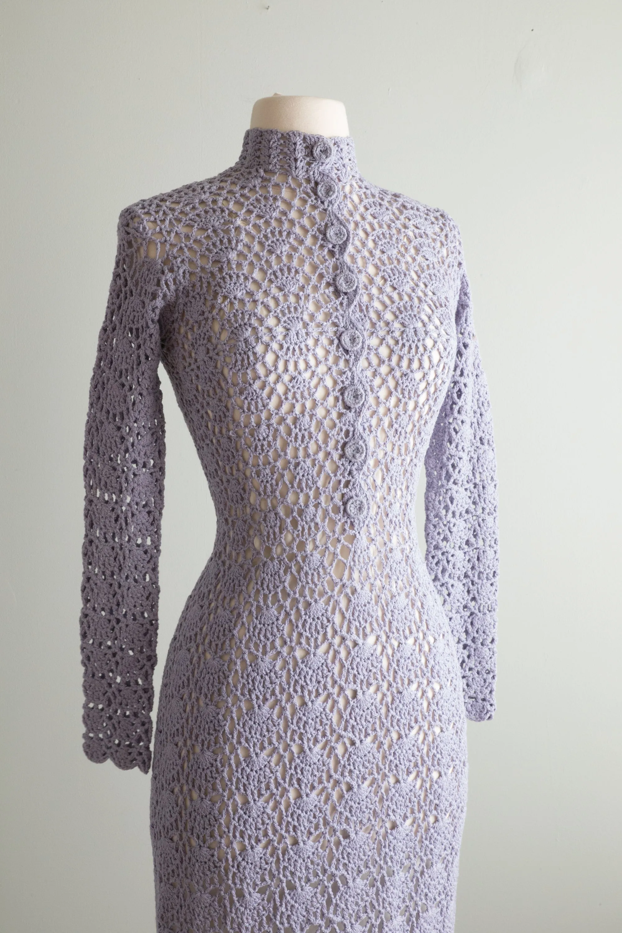 1970's Mystical Periwinkle Crochet Maxi Dress With Scalloped Edges and Buttons / OS