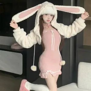 Aiertu - Sugar and Snow Bunnies Dress with Optional Hoodie Sweater Top Set Kawaii Academia Y2K Cottagecore Coquette Fairycore Dollette Princesscore