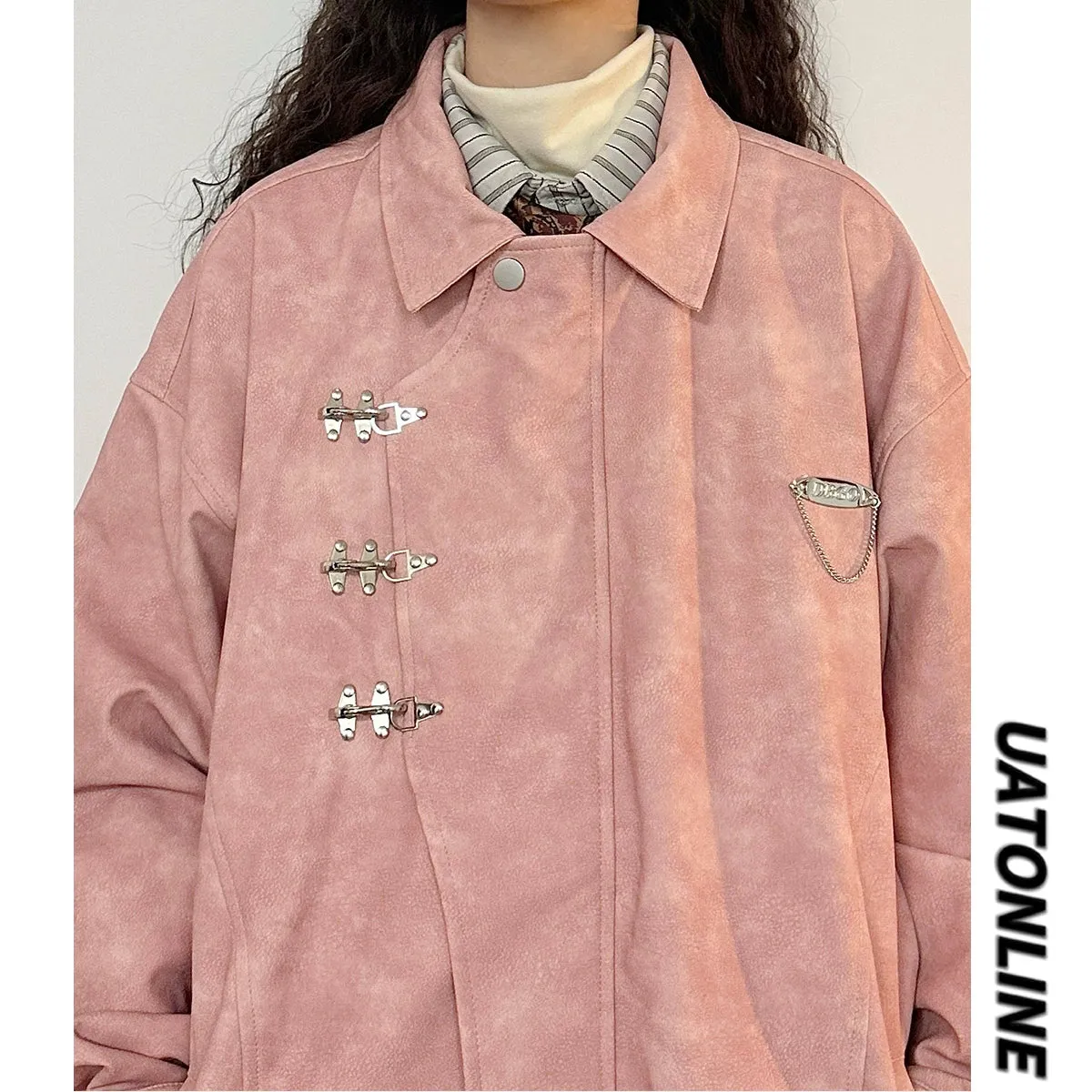 American Retro Metal Buckle Lapel Maillard Trench Coat PU Leather Jacket Design Sense Coat