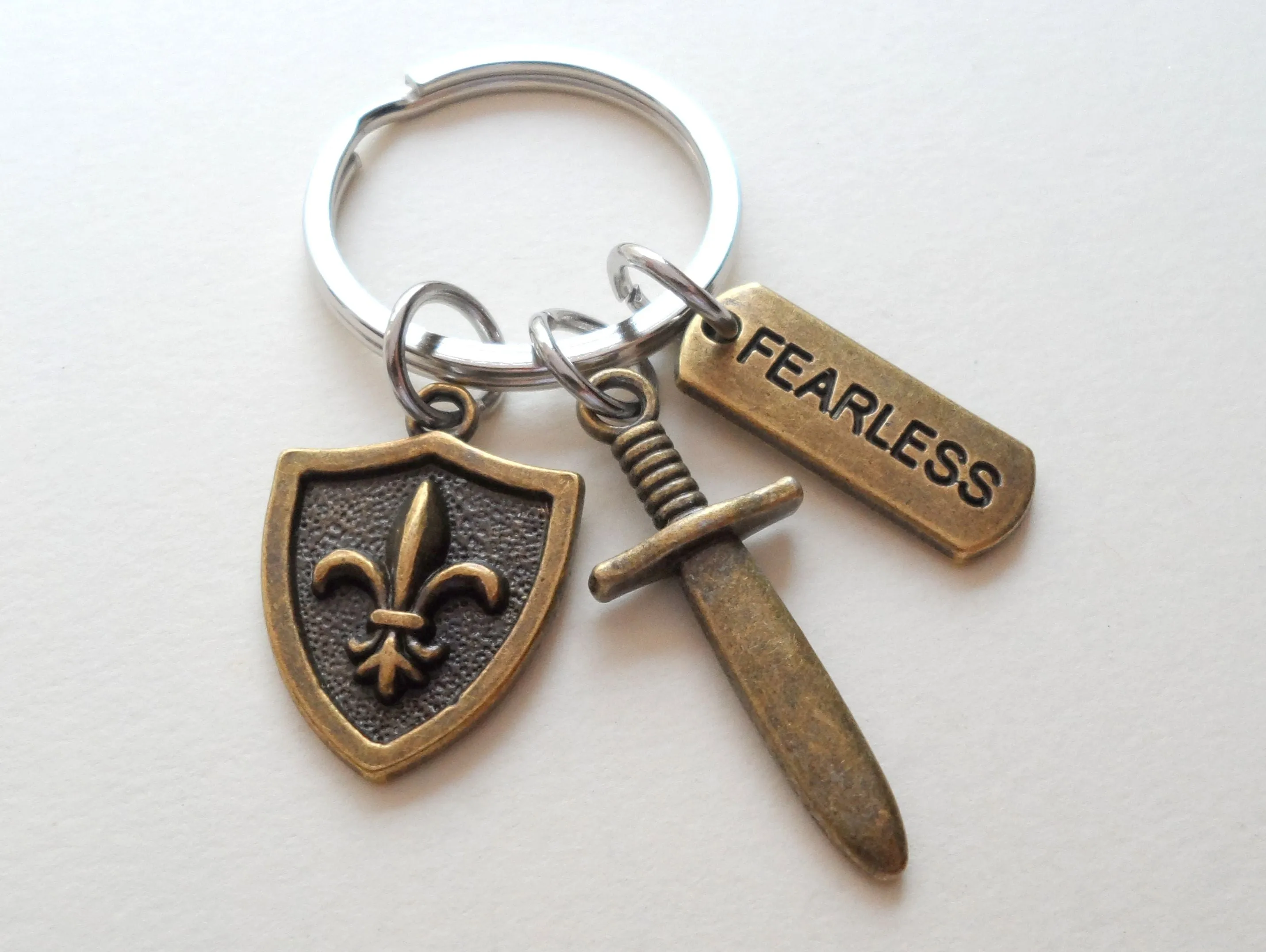 Bronze Sword, Small Shield & Fearless Charm Keychain, Knight Keychain, Warrior Keychain, Fantasy Keychain