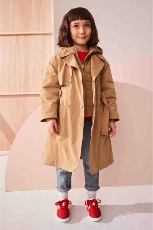 Camel Shower Resistant Double Layer Trench Coat