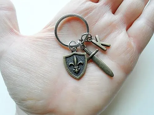 Custom Small Bronze Sword & Shield Keychain with Letter Charm; Knight, Warrior, Fantasy Keychain