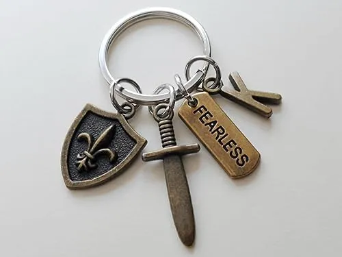 Custom Small Bronze Sword & Shield Keychain with Letter Charm; Knight, Warrior, Fantasy Keychain