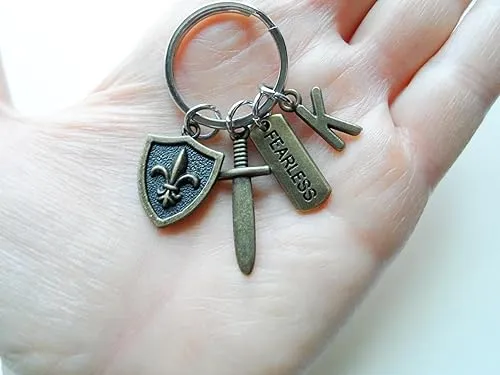 Custom Small Bronze Sword & Shield Keychain with Letter Charm; Knight, Warrior, Fantasy Keychain