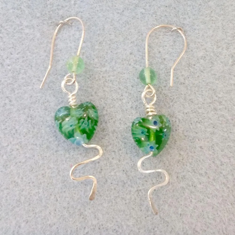Fairytale Silver Wire Earrings with Glass Millefiori Hearts in Sea Green