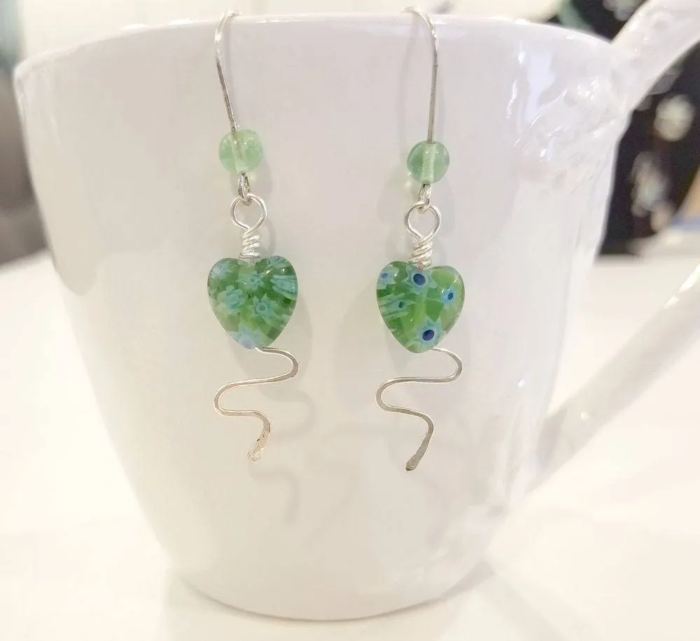 Fairytale Silver Wire Earrings with Glass Millefiori Hearts in Sea Green