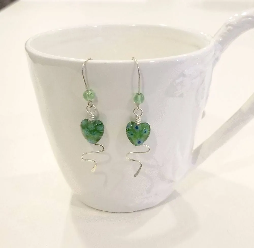 Fairytale Silver Wire Earrings with Glass Millefiori Hearts in Sea Green