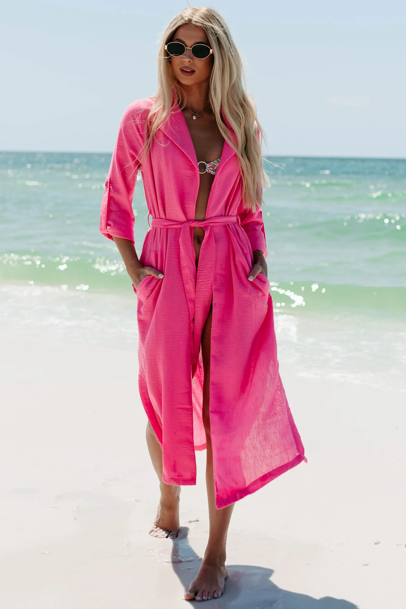 Live Colorfully Tie-Waist Linen Trench Coat (Hot Pink)
