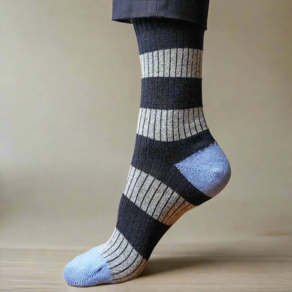Merino Wool Navy, Grey & Light Blue Stripe Socks