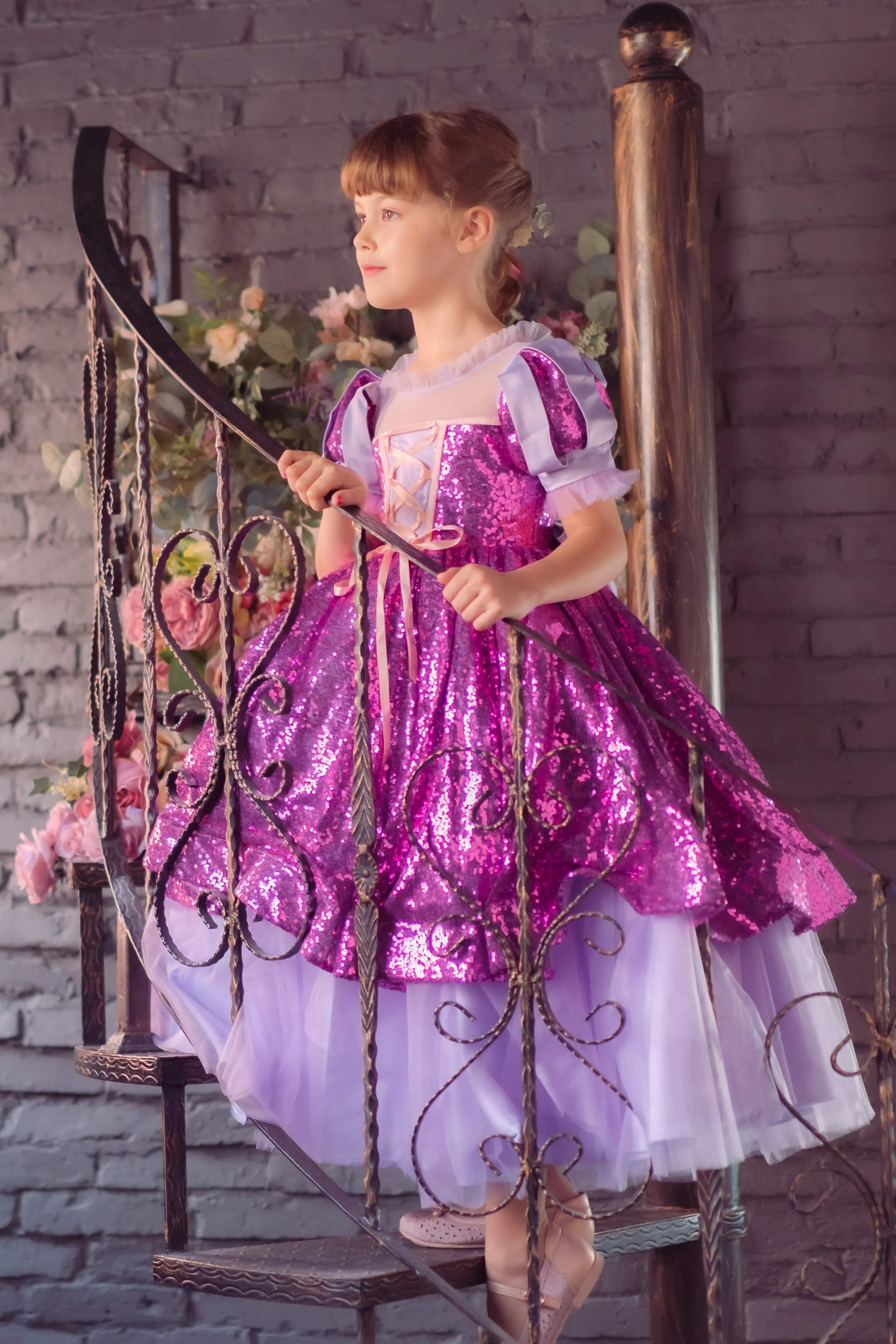 Rapunzel Purple and Pink Puff Sleeve Sequin Gown