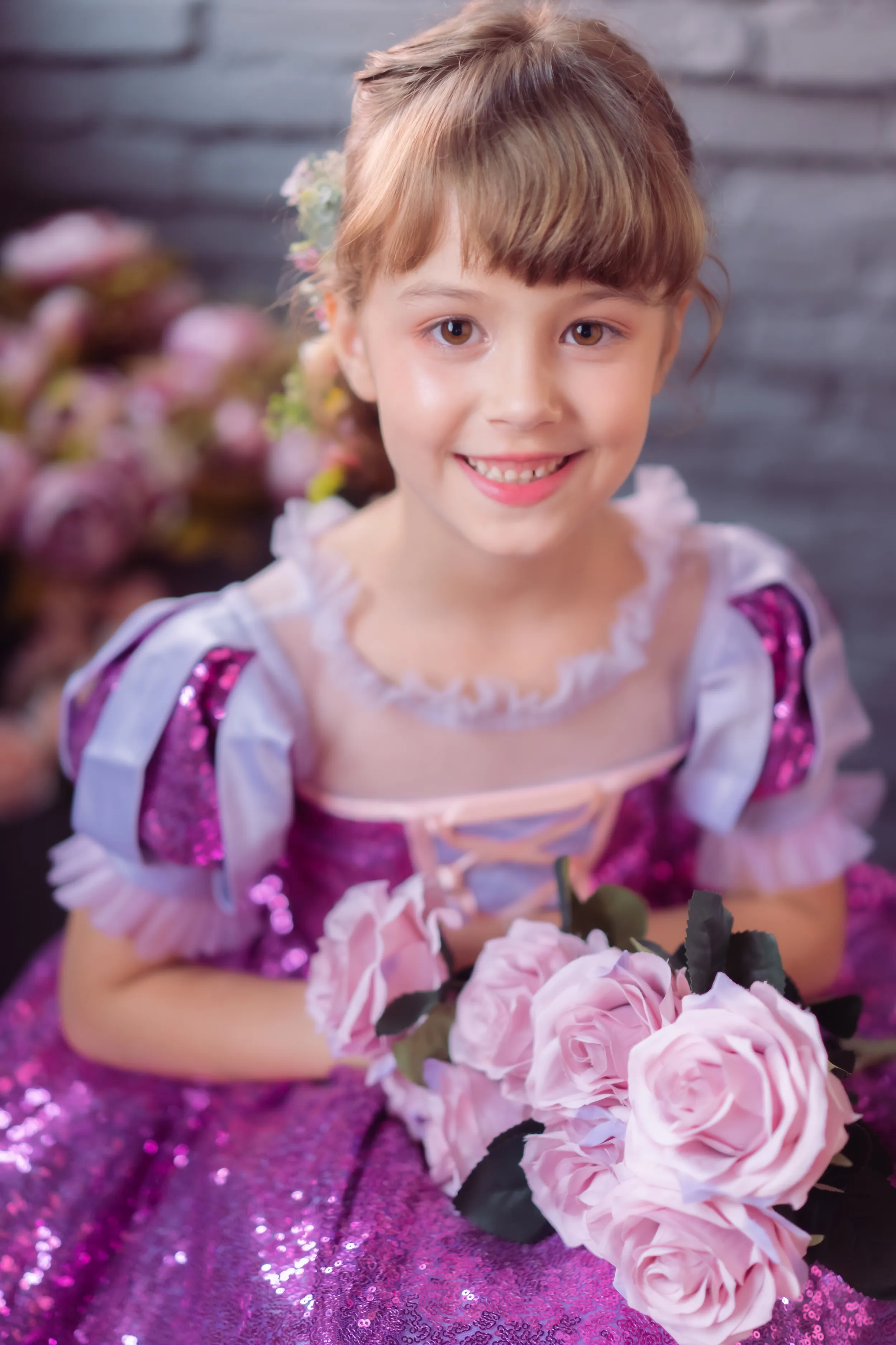 Rapunzel Purple and Pink Puff Sleeve Sequin Gown