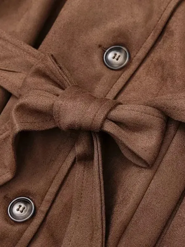 Winter Faux Suede Trench Coat Belted Notch Outerwear